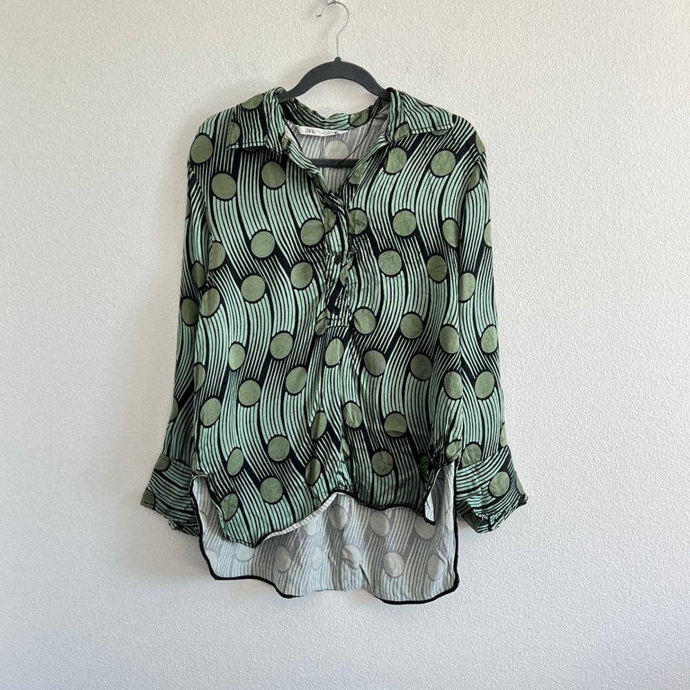 Zara Green/Black Geometric Polka Dot Button-Down Shirt Blouse XL Retro Abstract